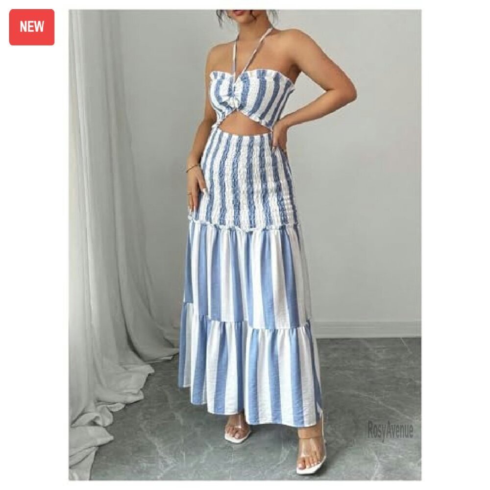 Strapless Maxi Tube Dress Ruffle Hem Cut Out Summer Vacation Long Dress - Picture 4 of 6